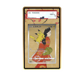 Stamp Pikachu card shown in a KAMI KAMI single graded card case with UV-printed original art