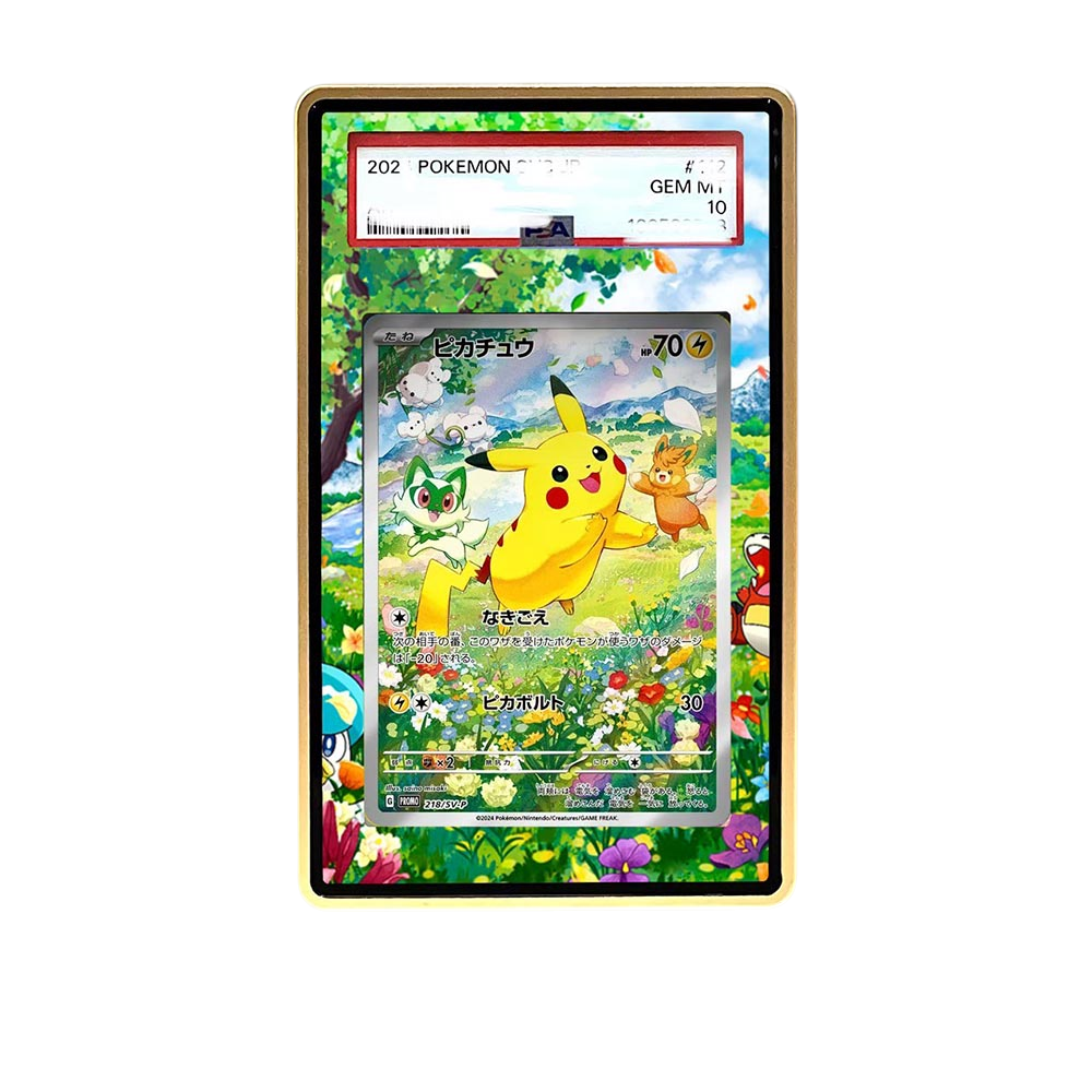Summer Pikachu card shown in a KAMI KAMI single graded card case with UV-printed original art