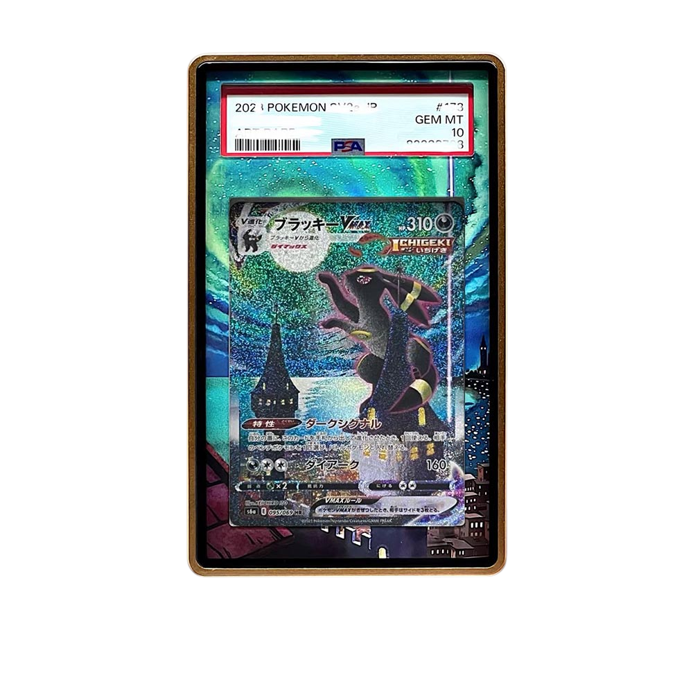 Umbreon VMAX card shown in a KAMI KAMI single graded card case with UV-printed original art