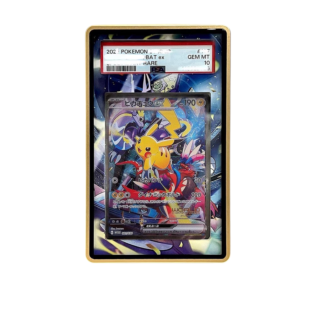 Yokohama Pikachu card shown in a KAMI KAMI single graded card case with UV-printed original art