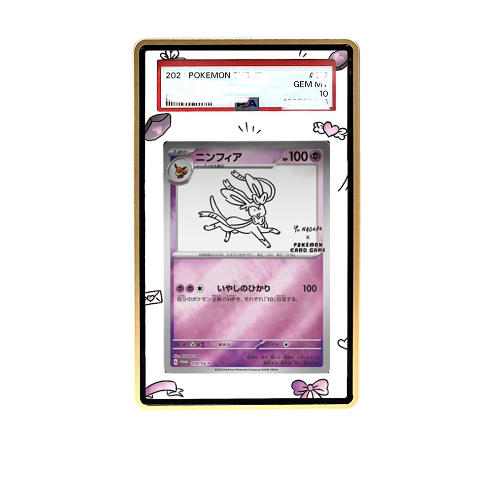 Yu Nagaba Sylveon card shown in a KAMI KAMI single graded card case with UV-printed original art