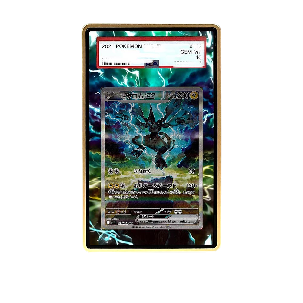 Zekrom SAR card shown in a KAMI KAMI single graded card case with UV-printed original art