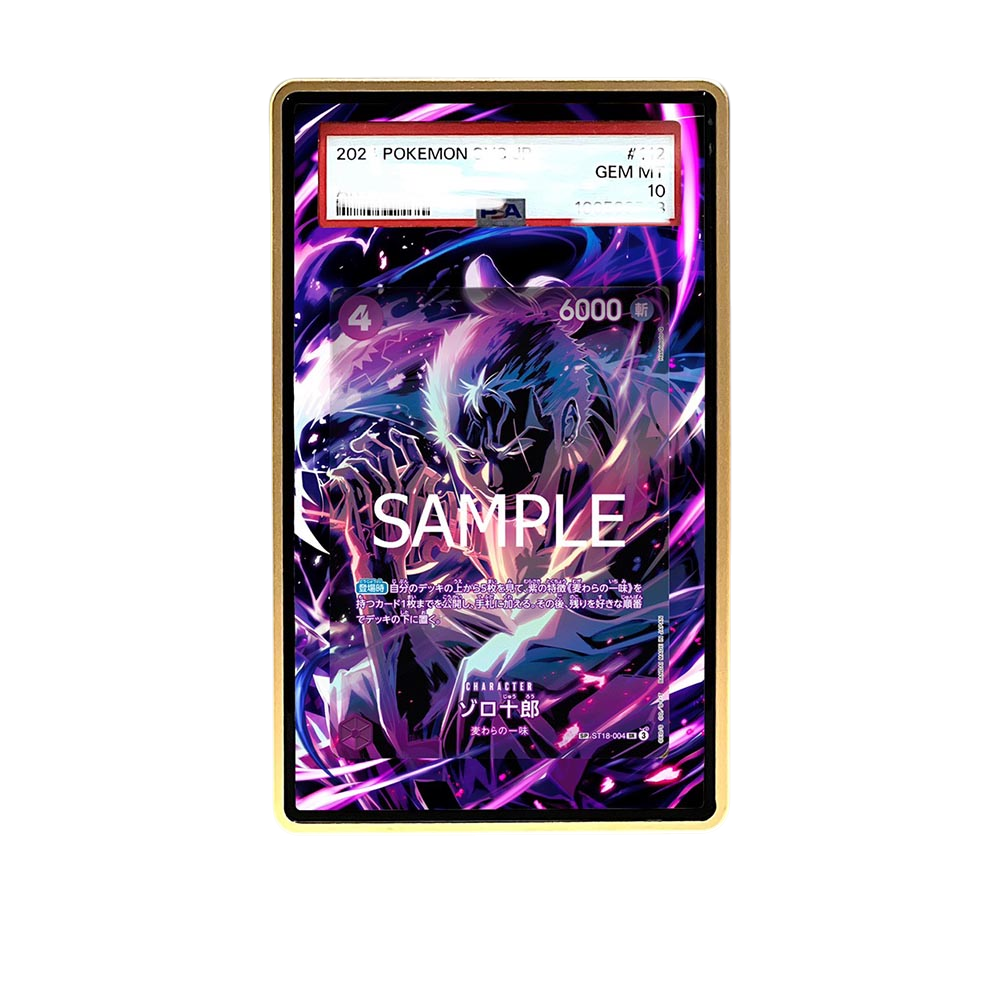 Zoro Purple SP card shown in a KAMI KAMI single graded card case with UV-printed original art