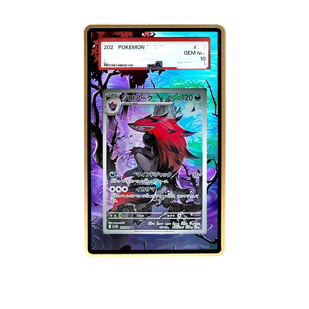 Zoroark AR card shown in a KAMI KAMI single graded card case with UV-printed original art